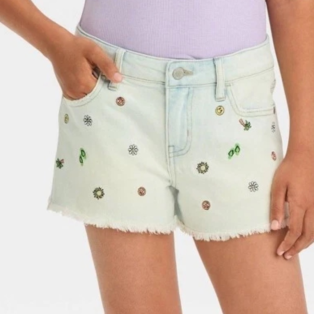 Girls Art Class Jean shorts embroidered pattern frayed cutoffs youth medium10 12